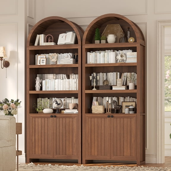 81" Tall Arched Cabinets Set of 2, 6-Tier Bookcase with Storage, Kitchen Pantry Storage Cabinet, Bookshelf with 2 Doors for Living Room, Kitchen, Home Office, Brown