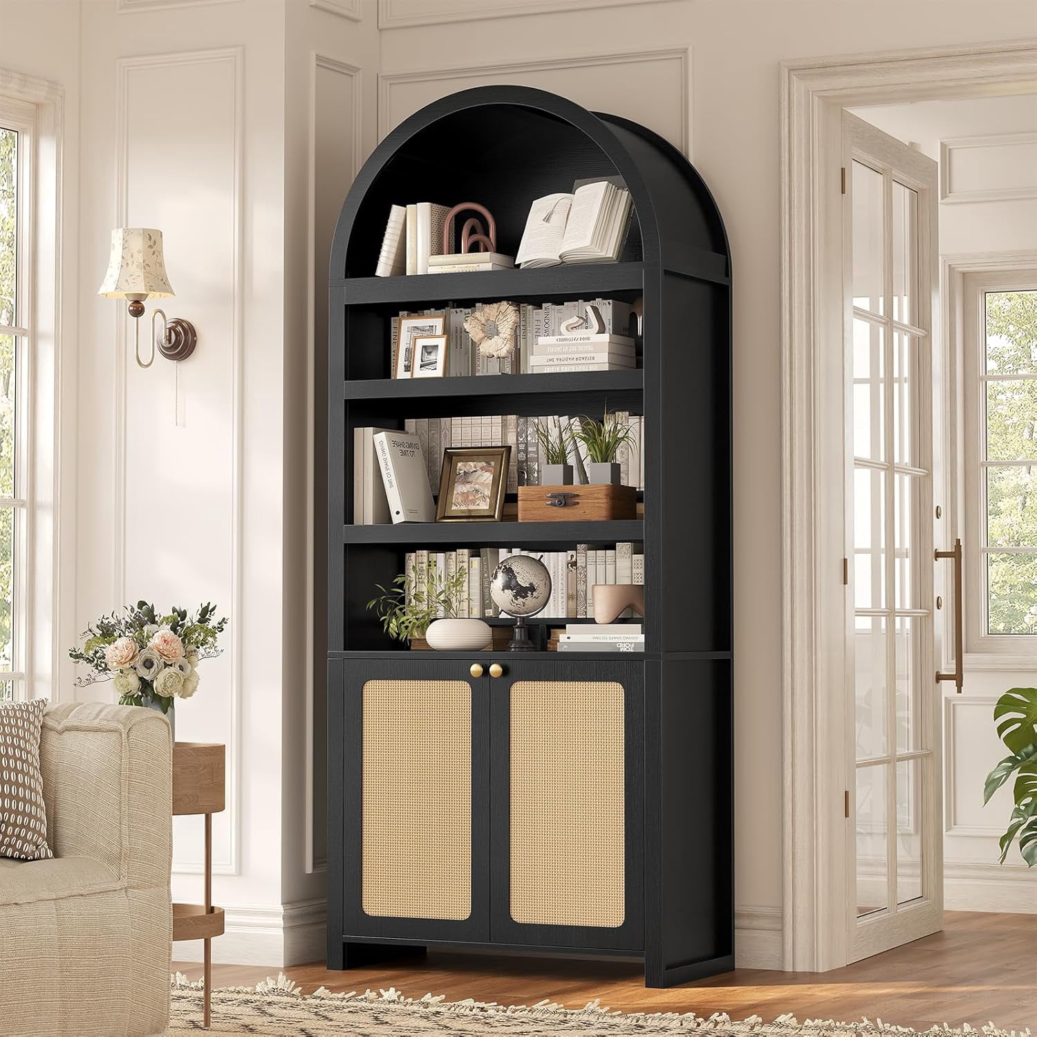 81" Tall Arched Kitchen Pantry Storage Cabinet, 6-Tier Bookcase with 2 Doors for Living Room, Kitchen, Home Office, Black+Oak