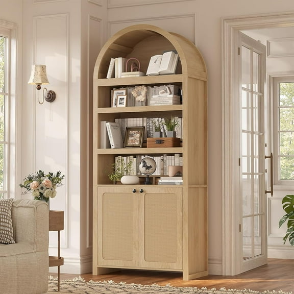 81" Tall Arched Kitchen Pantry Storage Cabinet, 6-Tier Bookcase with 2 Doors for Living Room, Kitchen, Home Office, Oak