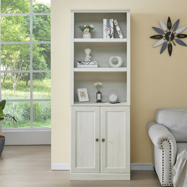 81'' Tall Display Cabinet with 2 Doors & 3 Open Shelves, Rustic White Freestanding Storage Bookcase for Kitchen Pantry, Home Office, Living Room