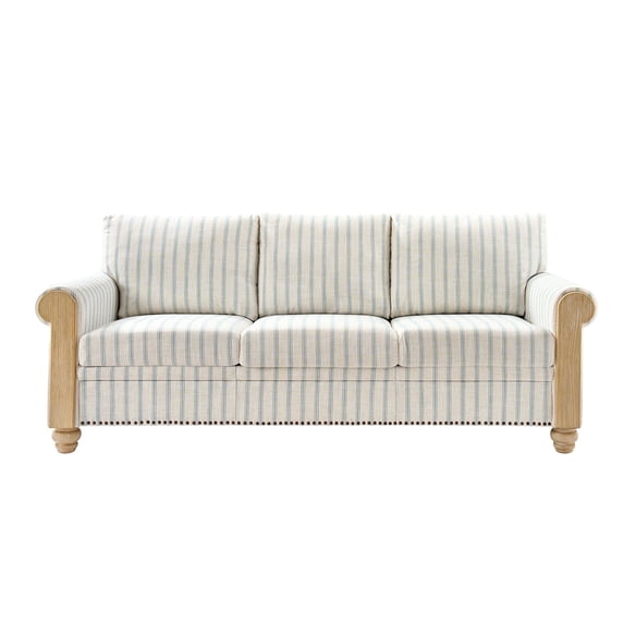 81" Wide Farmhouse Sofa with Roll Arms, Striped Linen Fabric for Living Room Apartment, Blue