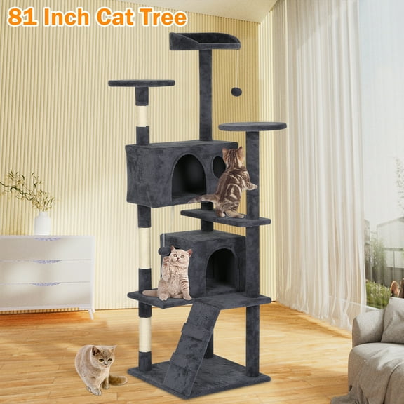 81 in Cat Tree Cat Tower Condo Indoor Cat Furniture Kitty Playhouse with Cat Scratching Posts and Funny Toys, Dark Gray