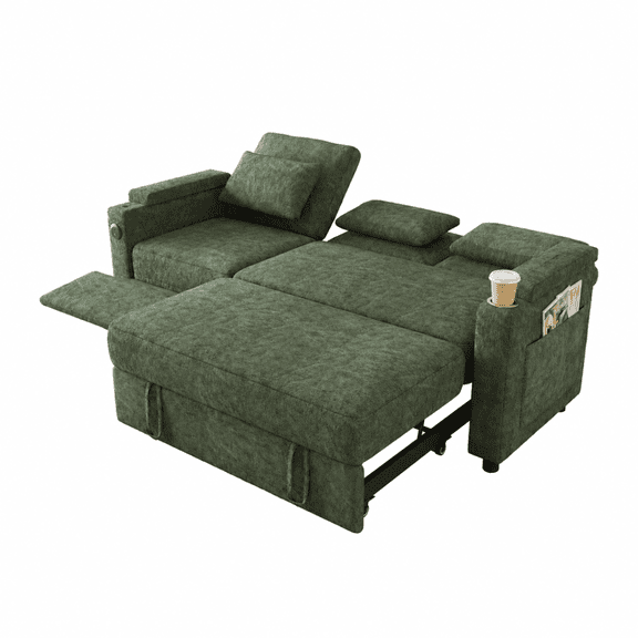 81-inch 3-in-1 foldable three-person sofa bed with a table board and USB ports, armrests with storage function. High-quality chenille three-person sofa. The sofa bed features adjustable backrest