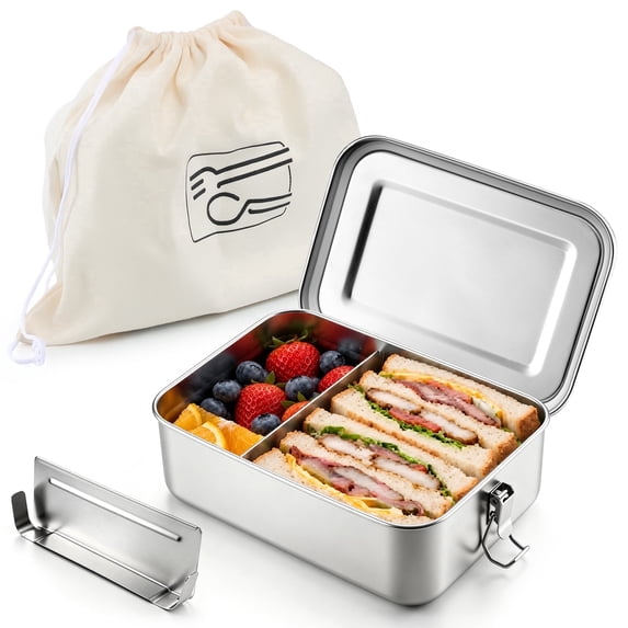 Vesteel Stainless Steel Bento Box, 2400ml 81oz Lunch Box with 2 Dividers, Leak-Proof Lunch Container with Bag, 3 Compartments Food Containers for School Office, Dishwasher Safe