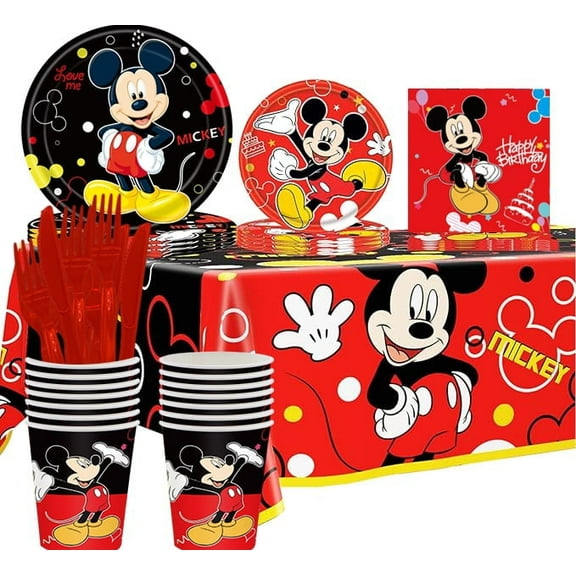 81-piece cartoon party tableware set - Red cartoon Mickey plates, cups, paper towels, tablecloths and other decorations - anime party theme birthday party supplies
