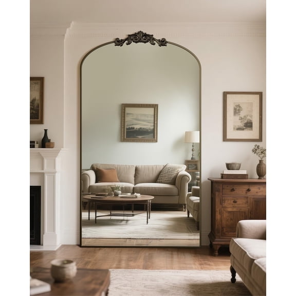 Antok 81"x41" Vintage Arched Full-Length Mirror with Carved Metal Frame, Baroque-Style Floor Mirror for Living Room, Bedroom, Entryway or Hallway Decor, Bronze