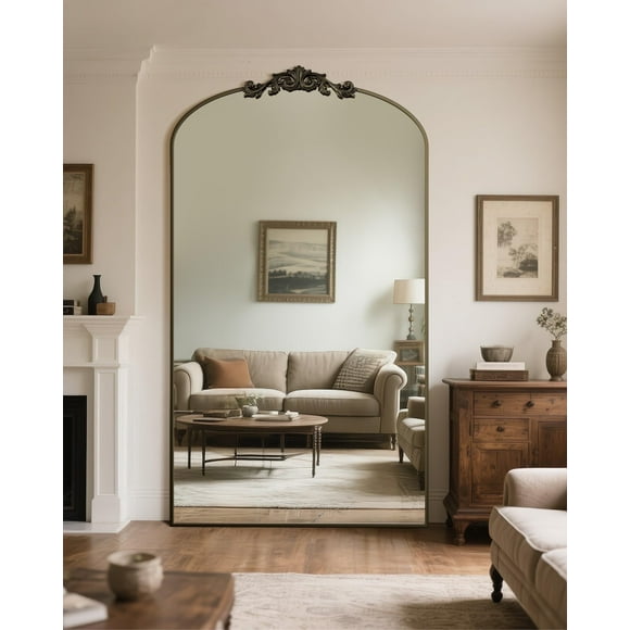 81"x41" Vintage Arched Full-Length Mirror with Carved Metal Frame, Baroque-Style Floor Mirror for Living Room, Bedroom, Entryway or Hallway Decor, Bronze