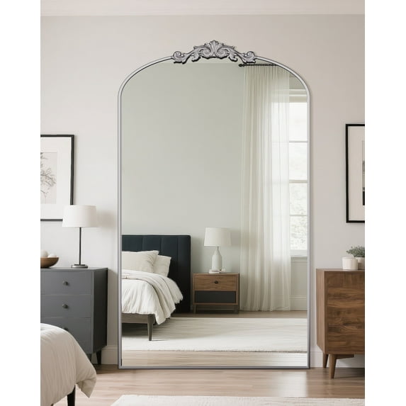 Antok 81"x41" Vintage Arched Full-Length Mirror with Carved Metal Frame, Baroque-Style Floor Mirror for Living Room, Bedroom, Entryway or Hallway Decor, Sliver