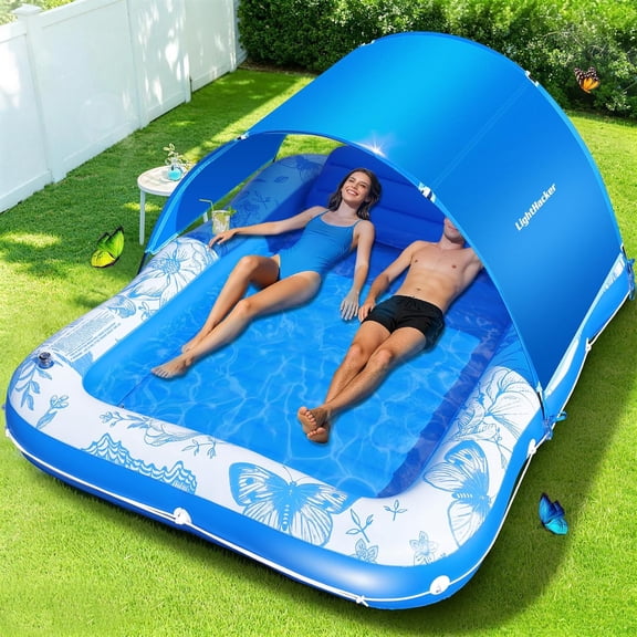 81"x60" Inflatable Tanning Pool Lounger Float with Canopy for Adult,Large Blow Up Sunbathing Bed & Water Raft,Butterfly Pool Floatie with Cup/Phone Holder,5 in 1 Floating Lounge