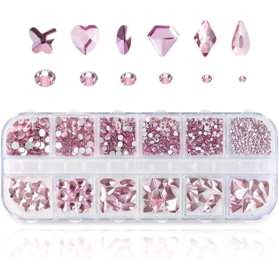 810 Pieces Multi Shapes Nail Rhinestones 60 Multi Shapes Big Gems + 750 Flatback Round Beads 3D Glass AB Crystal Nails Rhinestones for Nail Art Crafts DIY Faces Makeup Stones Diamonds Jewels (Pink)