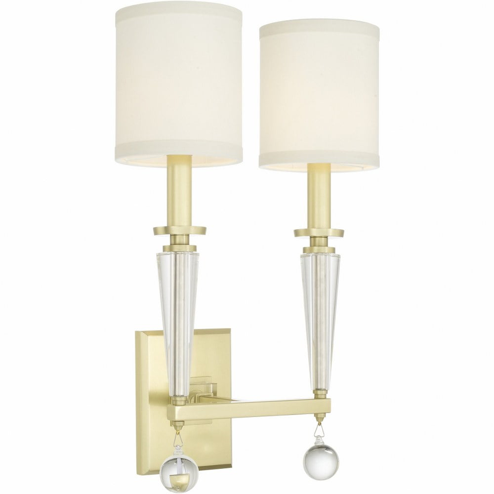 Paxton Aged Brass 2-Light Sconce with White Silk Shade and Clear Glass Drops