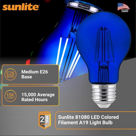 81080 LED Colored Filament A19 Light Bulb, 4.5 Watts, Medium E26 Base, 120 Volts, Transparent Blue, Dimmable, 320 Degree Beam Angle, UL Listed, 2 Count