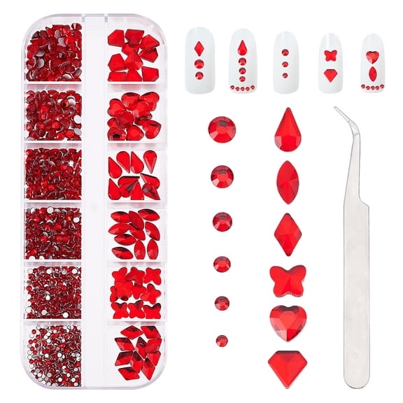 810PCS Red Nail Rhinestones Heart Butterfly Round Flatback Red Rhinestones Glass Diamonds with Tweezers Red Nail Gems
