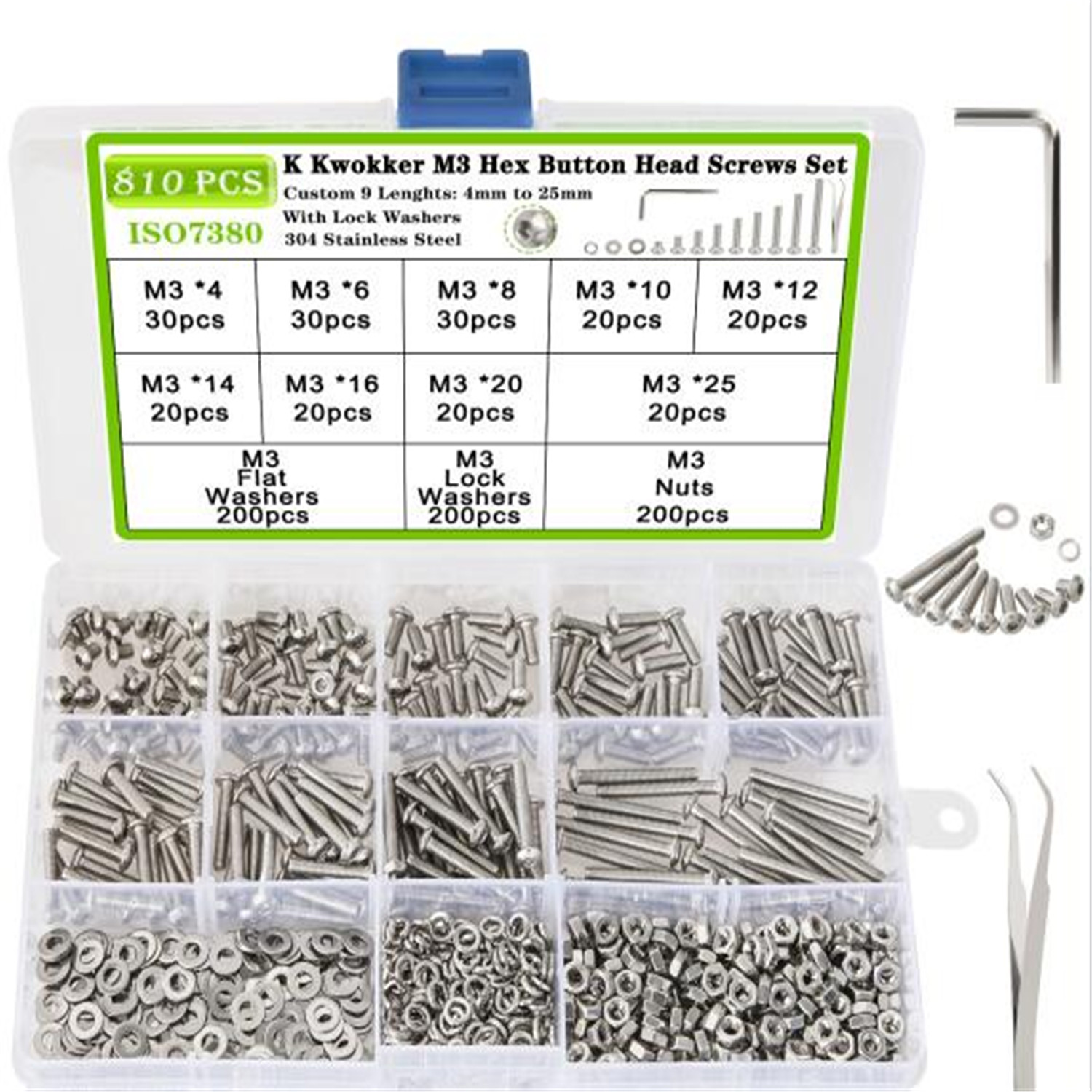 810Pcs M3 Hex Button Head Machine Screws, 4mm to 25mm Metric Screw