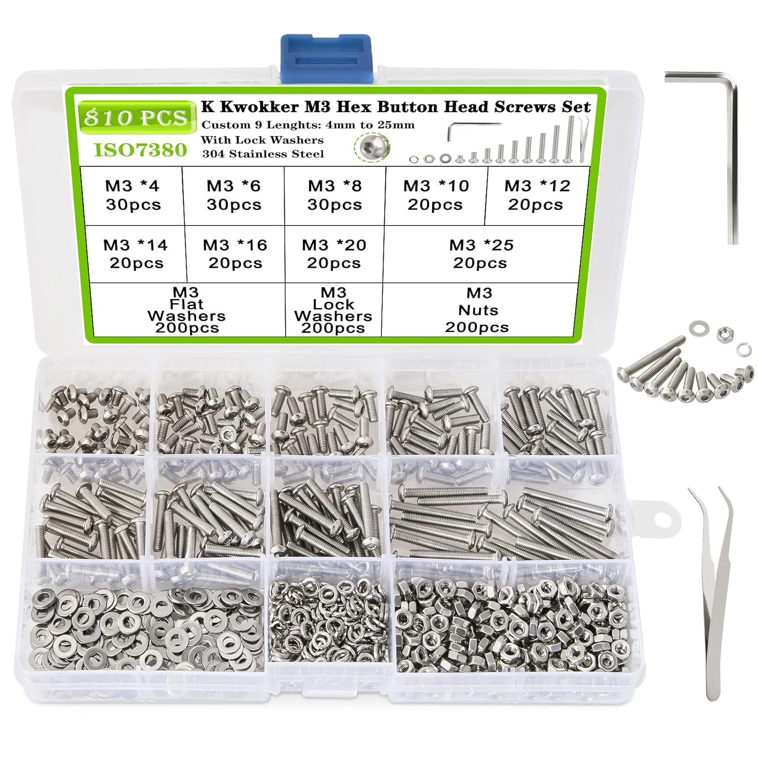 810Pcs M3 Hex Button Head Machine Screws, Bolts and Nuts Kit with Lock Washer, Metric Machine