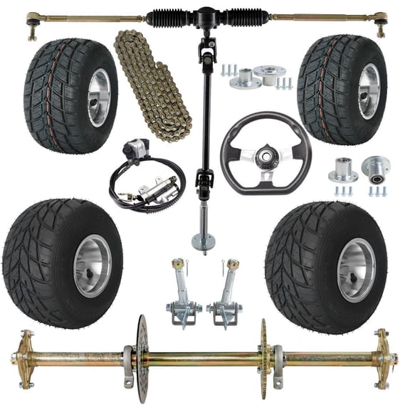810mm 32" Complete Go-Kart Rear Live Axle Kit with 5" Wheels 10x4.50-5 & 11x7.10-5 Racer Tires Wheels,Front Steering Pinion Shaft Assembly for Racing Karting ATV Quad Golf Cart Trike Buggy Mini Bike