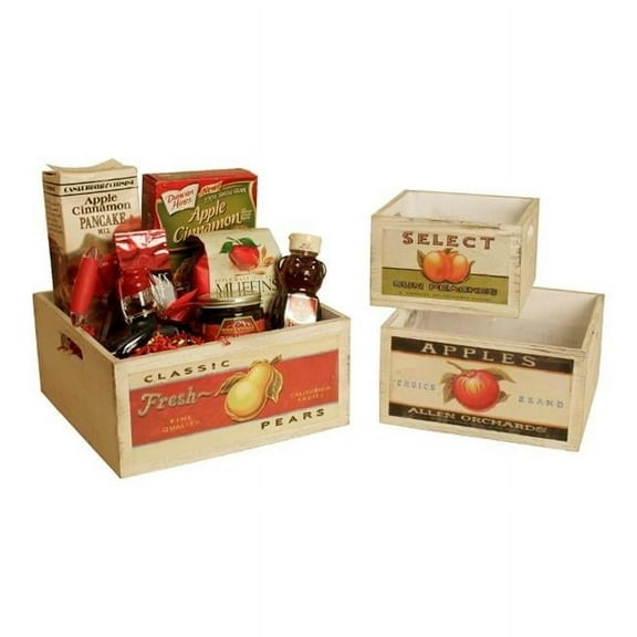 8115-S3 Square Vintage Fruit Wood Crates with Retro Fruit Artwork- Set of 3