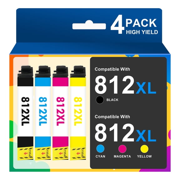 812 812XL Ink Cartridges Compatible for Epson Ink T812 T812XL Printer WF-7840 Workforce Pro WF-7820 WF-7310 WF 7820 7840 7310 EC-C7000 Printer,4 Pack (BK/C/M/Y)