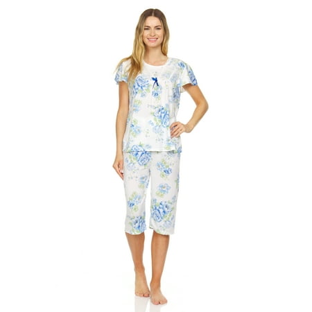 812C Womens Capri Set Sleepwear Pajamas Woman Sleep Nightshirt Blue L