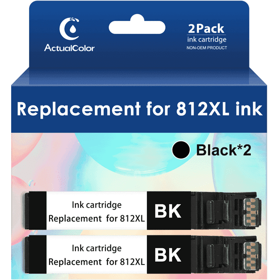 ACTUALCOLOR C Ink Cartridge Replacement for Epson 812 Black Ink Cartridge 812XL Printer Ink， 2Pack