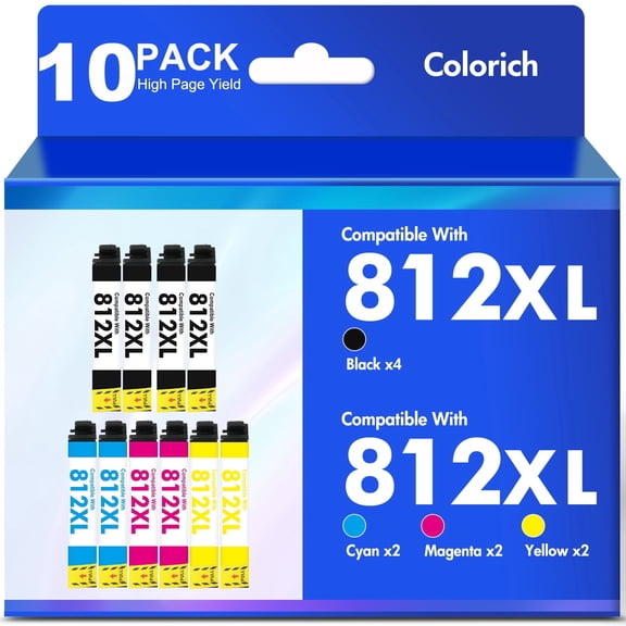 812XL Ink Cartridges 10 Pack Compatible for Epson 812XL 812 Printer Ink Combo Pack for Epson WF-7310 WF-7820 WF-7840 WorkForce EC-C7000 (4 Black, 2 Cyan, 2 Magenta, 2 Yellow)
