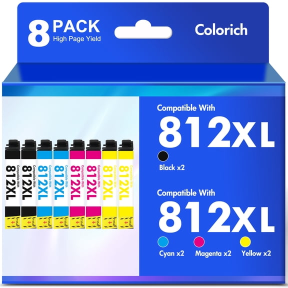 812XL Ink Cartridges 8 Pack Compatible for Epson 812XL 812 Printer Ink Combo Pack for Epson WF-7310 WF-7820 WF-7840 WorkForce EC-C7000 (2 Black, 2 Cyan, 2 Magenta, 2 Yellow)