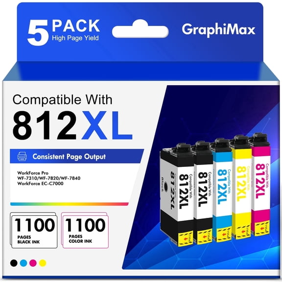812XL Ink Cartridges for Epson 812 Black Ink Cartridges Compatible for Epson Workforce Pro WF-7820 WF-7840 EC-C7000 Printer (2 Black 1 Cyan 1 Magenta 1 Yellow)