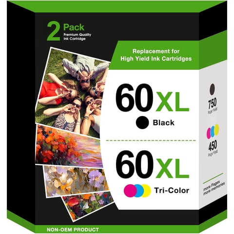 60XL Ink Cartridges Compatible for 60 Ink cartridge Combo Pack with Ink 60 Envy 100 110 120 Deskjet D2530 D2545 F2430 F4440(1 Black, 1 Tri-Color)