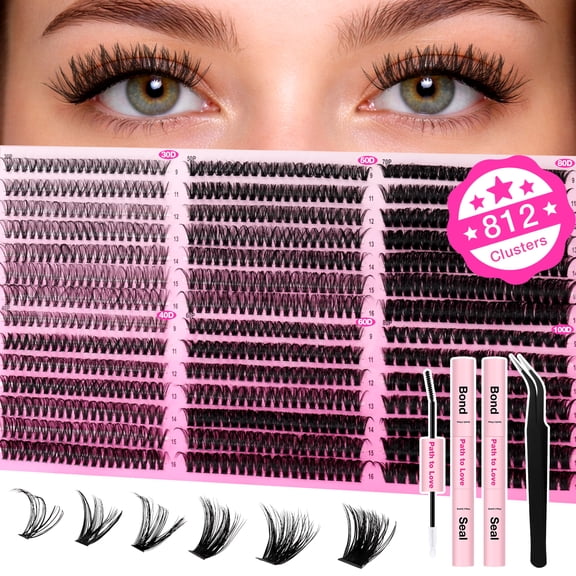 Path to Love 812Pcs Lash Clusters Kit,10‑16mm D Curl DIY Eyelash Extensions,30D‑100D All‑Density Mixed Lashes,2‑Pack Waterproof Bond & Seal with Tweezers