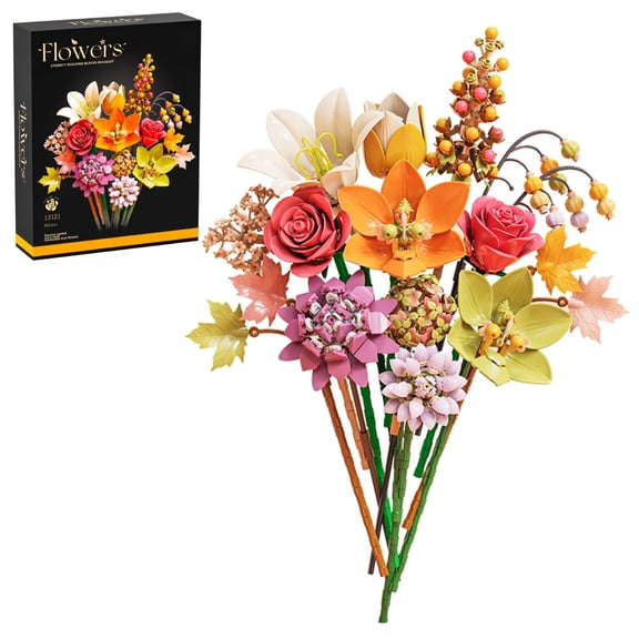 813PCS Fall Flower Building Blocks Bouquet Set, Artificial Botanical DIY Bricks Flowers, Thanksgiving Halloween Gift, Forever Flowers Decor, Creative Home Desk Ornament
