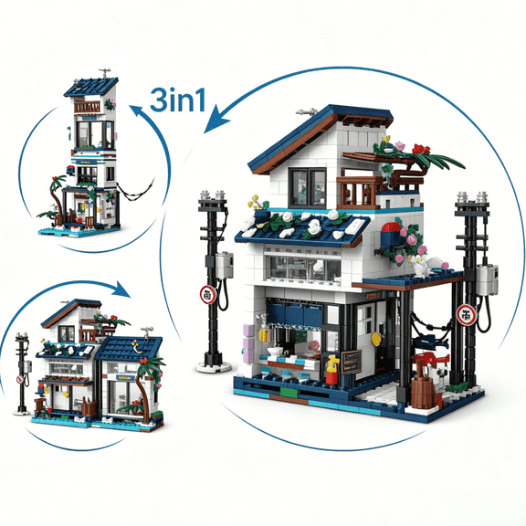 813Pcs 3 in 1 Seaside Villa Building Block Set, Coastal Street View House Model Kit with Light, DIY Beach Architecture Construction Bricks, Decorative Assembly Display for Home Office, Ideal Gifts