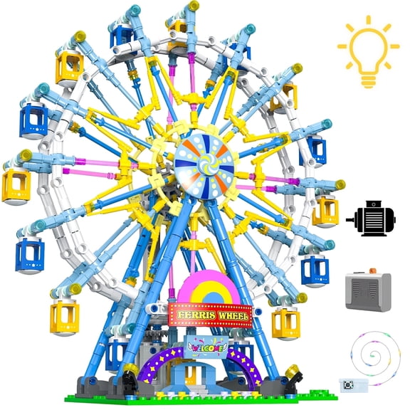 813Piece Ferris Wheel Building Set with Fairy Lights, Two-Way Rotation STEM Learning Toy for Ages 8-12 Amusement Park Construction Kit for Boys, Girls, and Adults (Blue)