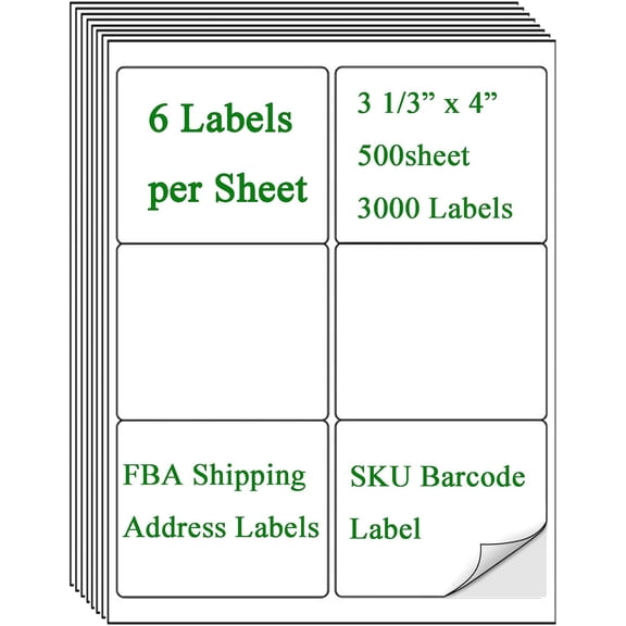 8164/5164) 6 Up Shipping Address Labels, 3.33" X 4" FBA SKU Barcode Label for Inkjet/Laser Printer (500 Sheet -3000 Labels)