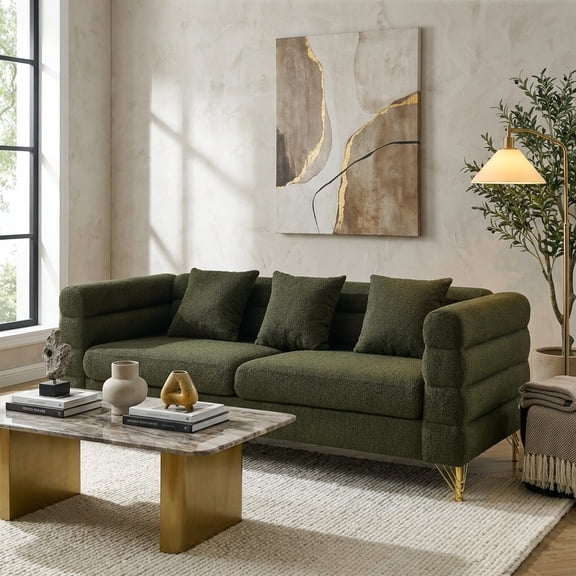 81Inch Oversized 3 Seater Sectional Sofa, Living Room Comfort Fabric Sectional Sofa - Deep Seating Sectional Sofa, Soft Sitting with 3 Pillows for Living Room, Bedroom, Office Gree