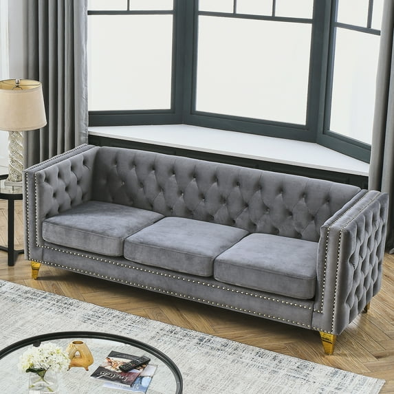 81Inch Oversized 3 Seater Velvet Sofa with Tufted Buttons & Copper Nails, Square Sofa Couch with Deep Seat, Metal Legs & Wide Armrest for Living Room, Bedroom & Office Gray