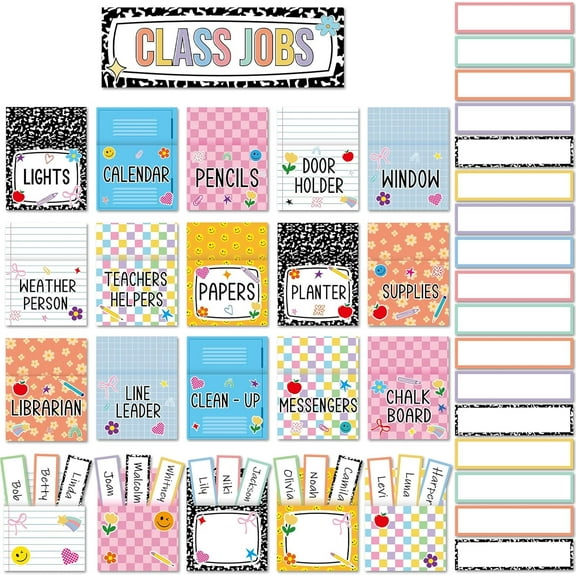81PCS Composition Notebook Class Jobs Bulletin Board Composition Classroom Jobs Pocket Chart Set Teacher's Helper Chalkboard Decor Notebook Cutouts for Back to School Teacher Student Wall Door De