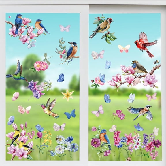 81PCS Spring & Summer Window Clings, Butterfly Hummingbird Tree Branch and Flower Anti-Collision Window Stickers for Seasonal and Home Decor Delight, 9 Sheets