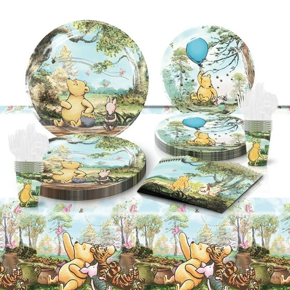 81Pcs Winnie the Pooh Birthday Party Decorations,10 Guests Party Supplies Include Disposable Paper Plates Cups Napkins Knives Spoons and ForksTablecloth for Kids Theme Party