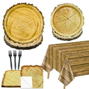 81Pcs Wood Party Decorations - Wood Paper Plates and Napkin Sets, Wood Grain Tablecloth for Lumberjack Rustic Party Decorations Woodland Decorations Camping Supplies, Serve 20