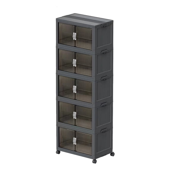 81QT 5 Tier Stackable Storage Bins with Magnetic Front Door & Top Lid, Collapsible Plastic Foldable Storage Cabinet, Closet Organizer for Bedroom, Kitchen, Bathroom Gray 5T