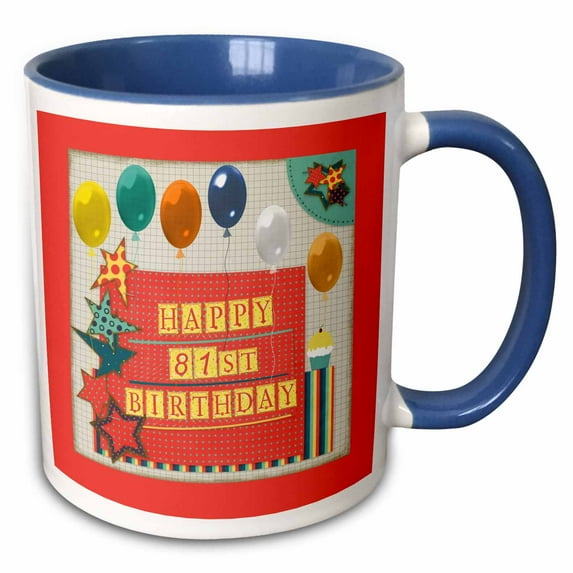 3drose, 81st Birthday, Balloons, Cupcake, Stars, Block Letter, Orange, Green, 15oz Two-tone Blue Mug
