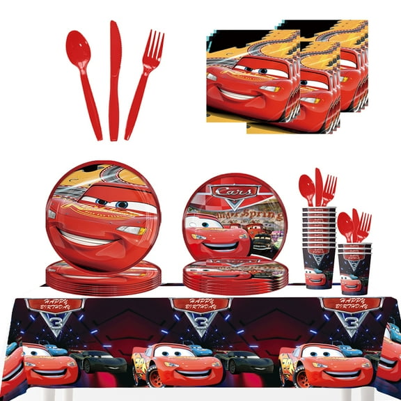 81pcs car-themed Birthday Tableware Party Decorations including paper plates, paper napkins, paper cups, knives, forks, spoons and elf car-themed party tablecloth