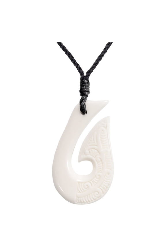 Hei Matau Fish Hook Bone Necklace - Hawaiian Hook Carved Bone Pendant with Engravings - Maori Style Taonga Amulet for Women - Men's Hawaii Necklace - Surfer Accessories