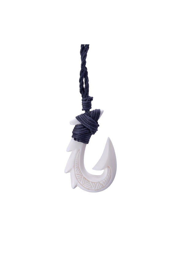 Hei Matau Pendant Bone Necklace with Tribal Engravings - Hand Carved Bone Fish Hook - Surfer Amulet Hawaiian Necklace - Maori Style Jewellery - Adjustable Cord Necklace