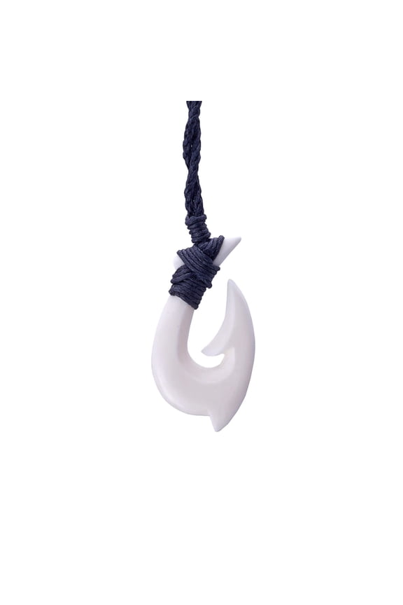 Maori Style Hei Matau Necklace - Hand Carved Bone Pendant - Women's Men's Surfer Jewellery - Black Cord Hawaii Necklace with Bone Fish Hook - Natural Beach Accessories