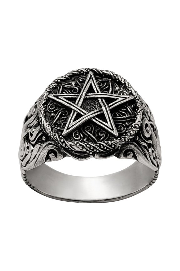 Men's Women's 925 Sterling Silver Pentagram Pentacle Fire Signet Ring