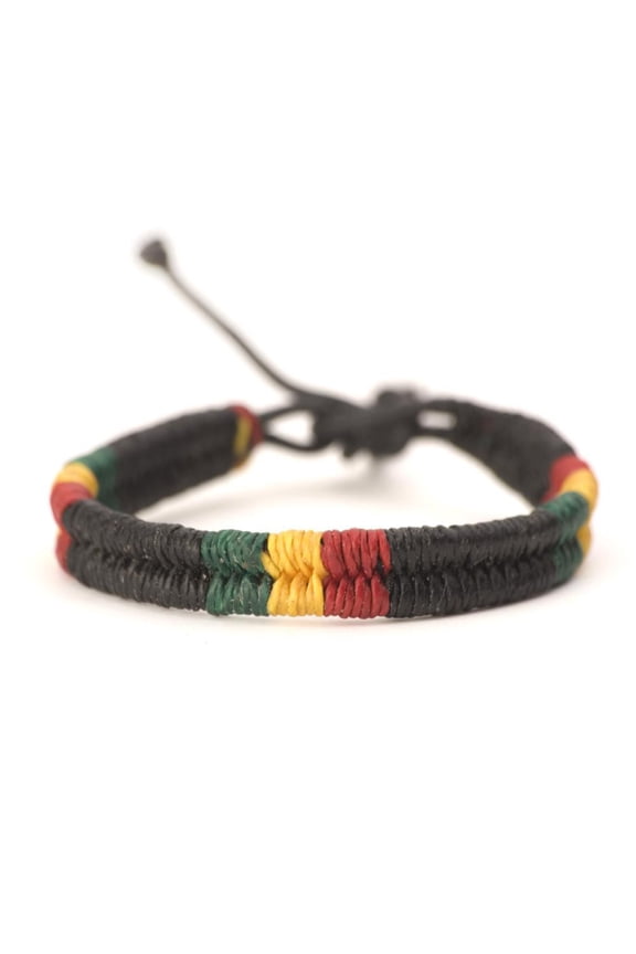 Rasta Waxed Cotton Cord Bracelet 17-28 cm - Plaited Braided Bob Marley Wristbands - Reggae Adjustable Drawstring Black Wristband - Women's Men's Bracelets - Boyfriend Gifts