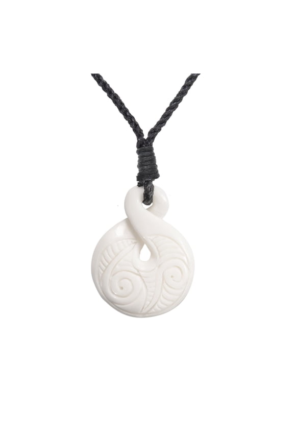 Single Twist Pikorua Carved Bone Pendant with Koru Engravings - Men's Surfer Accessories - Handmade Tribal Necklaces - Maori Style Natural Jewellery - Spiritual Gifts for Women