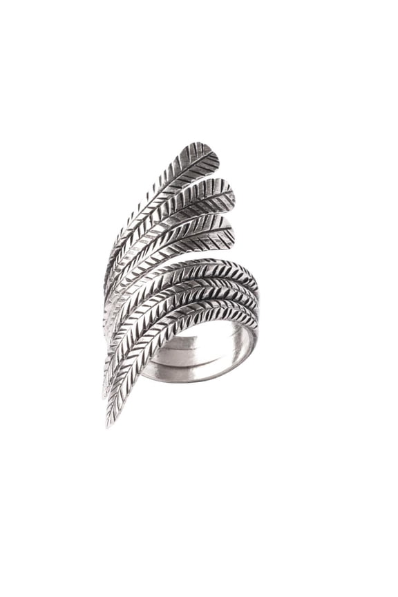 Wide 925 Sterling Silver Feather Ring - Leaf Shaped Adjustable Rings for Women - Wraparound Boho Rings for Teen Girls - Unique Wrap Wedding Ring - Thumb Ring