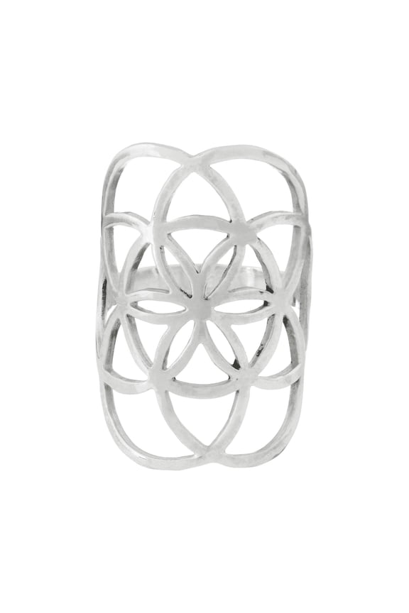 Wide Seed of Life Sterling Silver Ring - Ladies Rings - Cut Out Sacred Geometry Promise Ring - Half Finger Armour Ring - Boho Teen Daughter Ring - Yoga Spiritual Gifts for Women